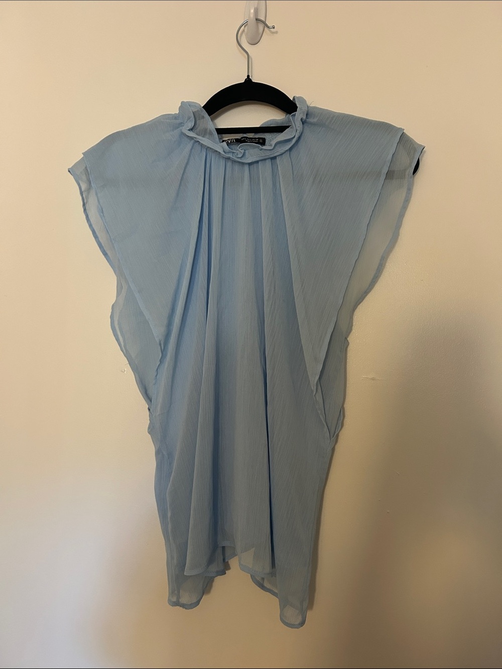 Zara Pale Blue Sheer Ruffled Neck Blouse